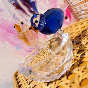 Pink & Blue Bird Glass Jewelry Dish